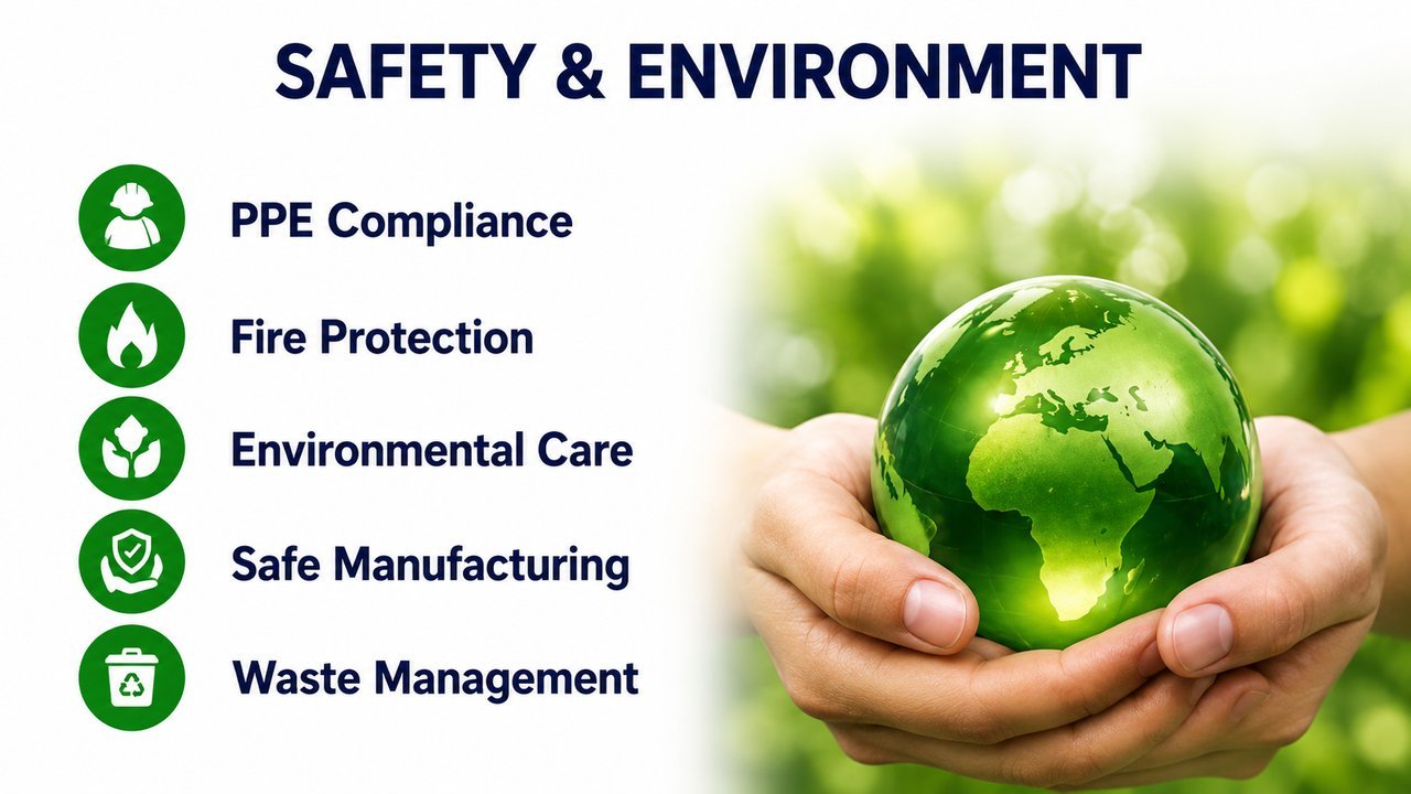 Safety and environment — PPE compliance, fire protection, environmental care and waste management