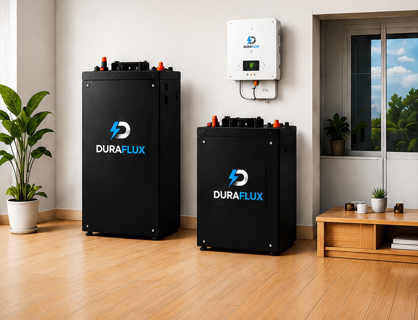 DuraFlux home energy-storage cabinets and wall inverter in a living room