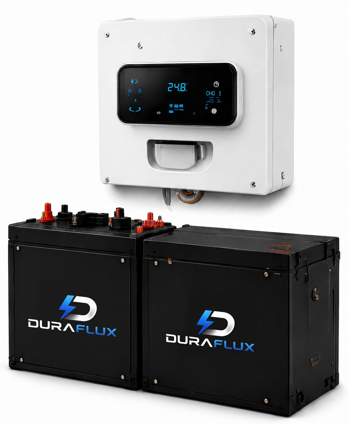 DuraFlux wall inverter with two lithium battery packs