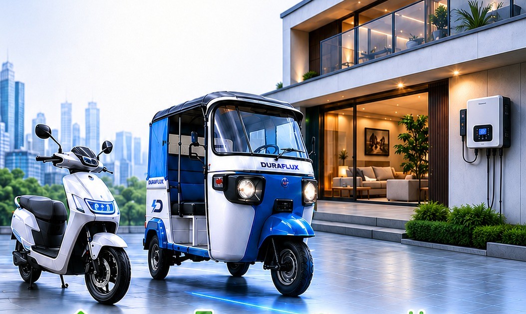 DuraFlux e-scooter and e-rickshaw outside a modern home