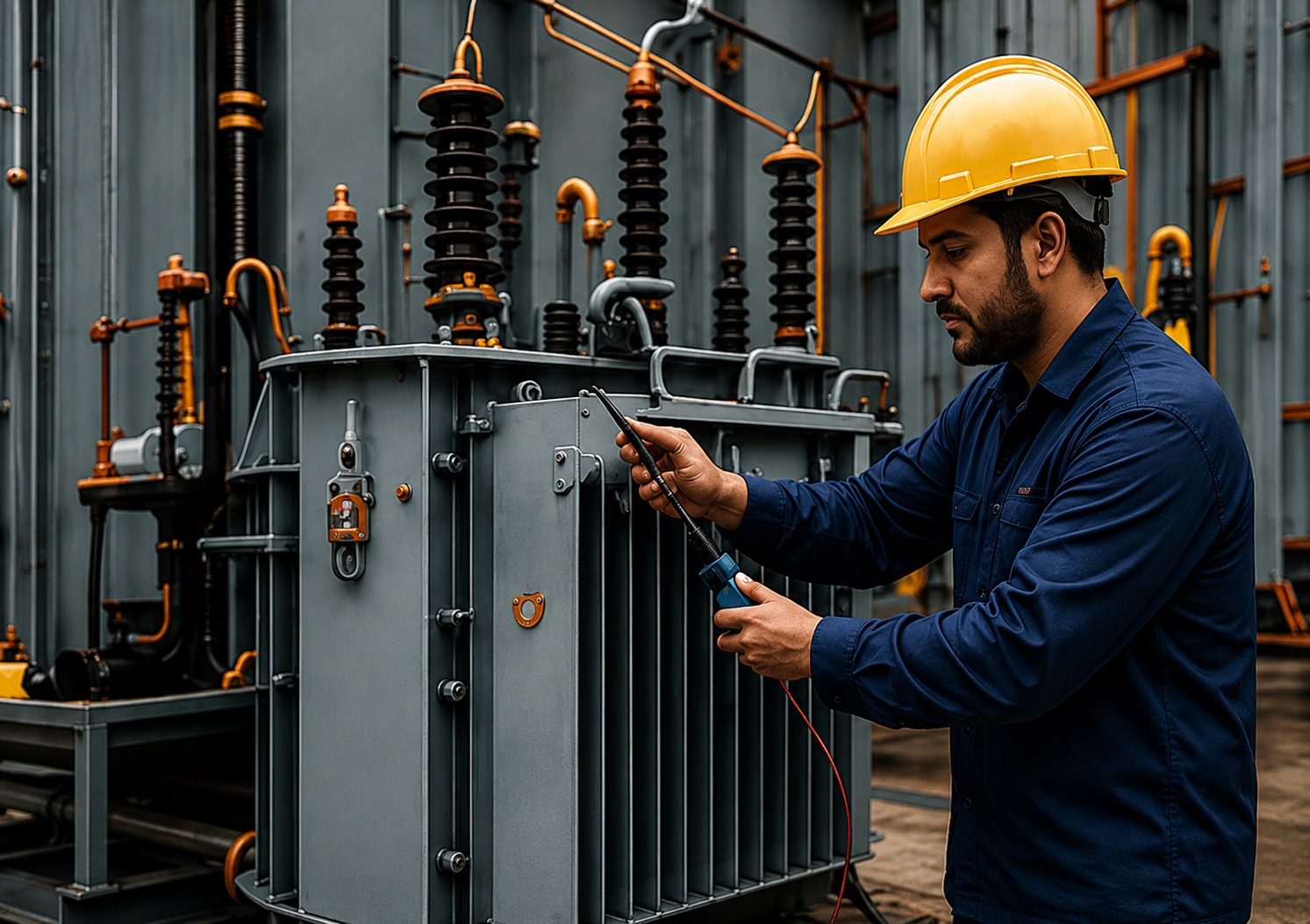 DuraFlux engineer testing a transformer with a multimeter
