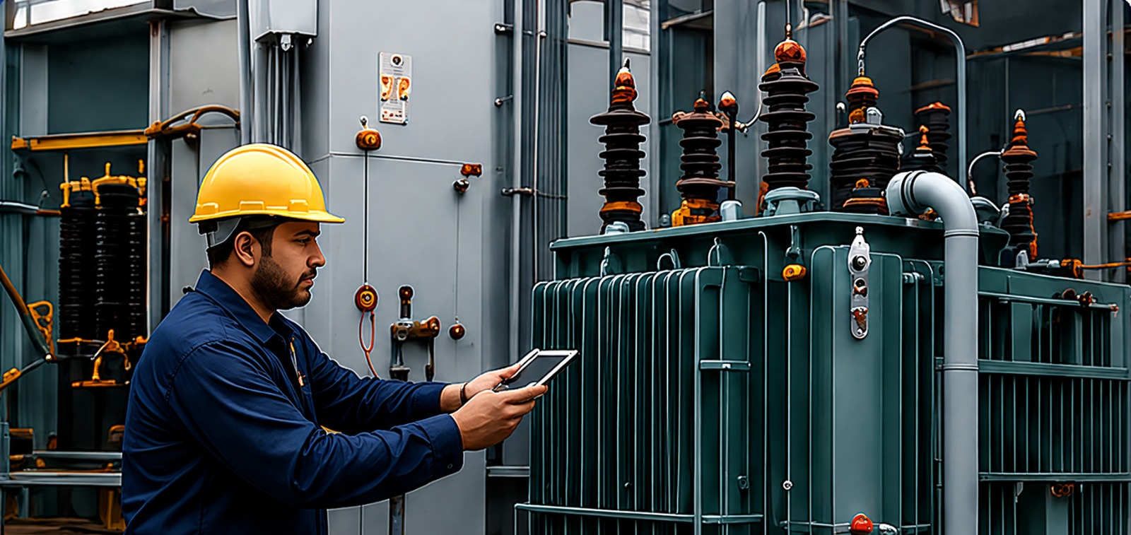 DuraFlux engineer servicing a transformer on site with a tablet