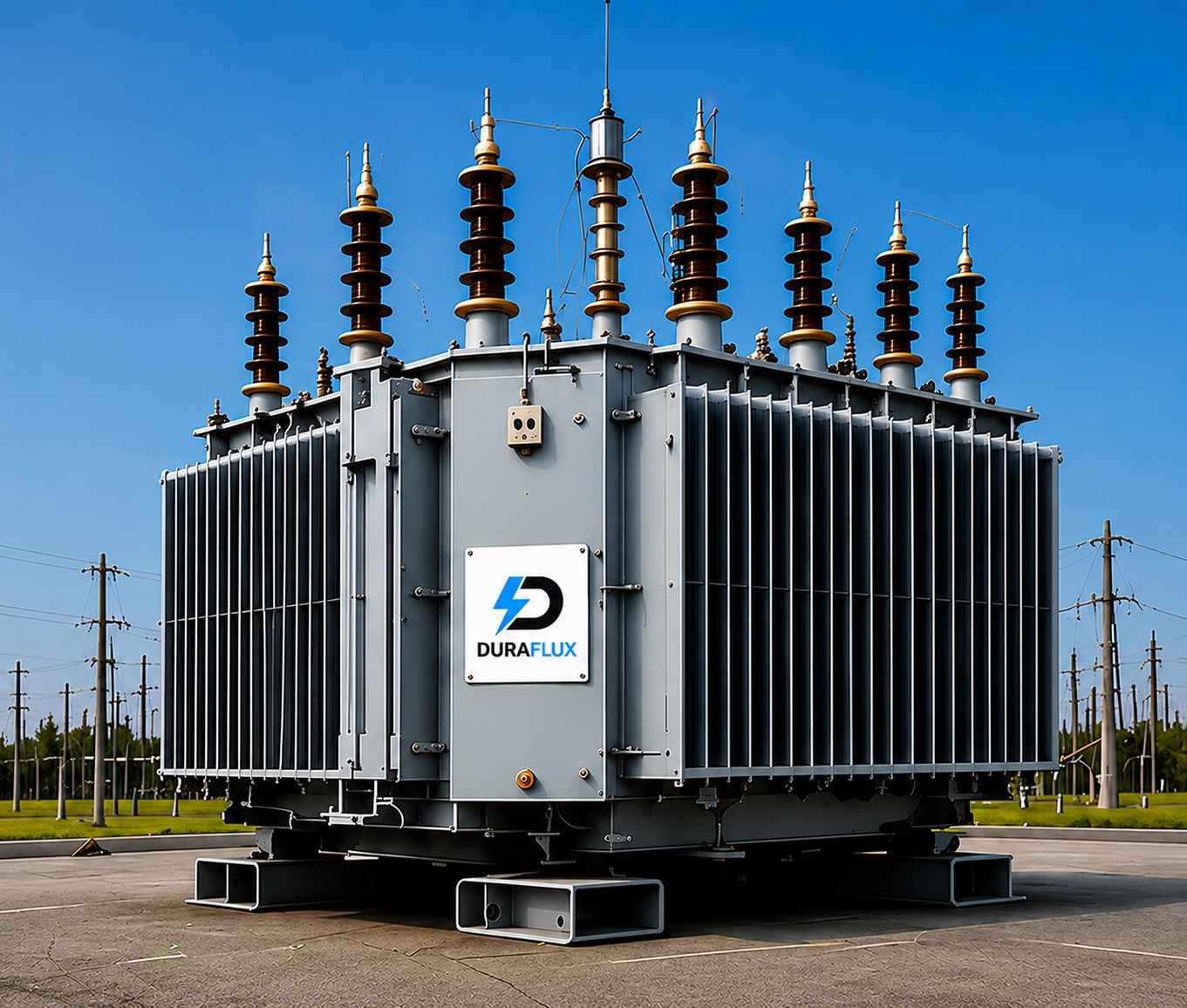 DuraFlux power transformer front view against a blue sky