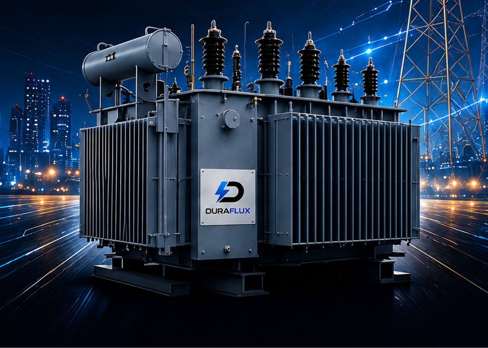 DuraFlux transformer on a digital city-grid backdrop