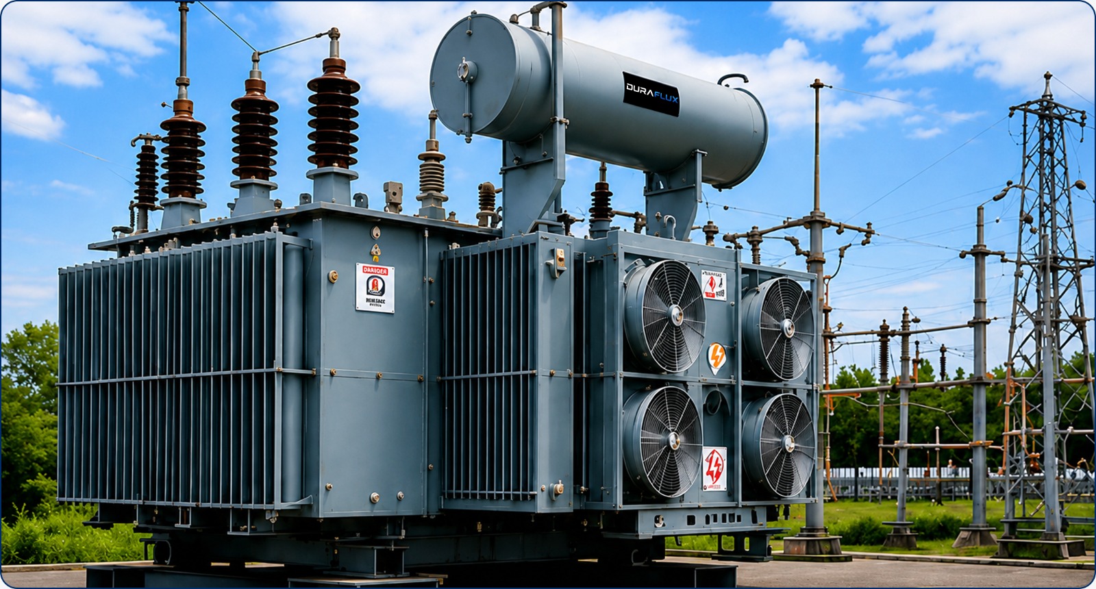 DuraFlux transformer at an outdoor substation under a blue sky